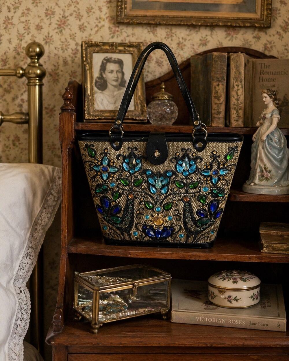 VTG 1964 Enid Collins Purse Pavan Pheasant Peacock Blue Jewels Wooden Bucket